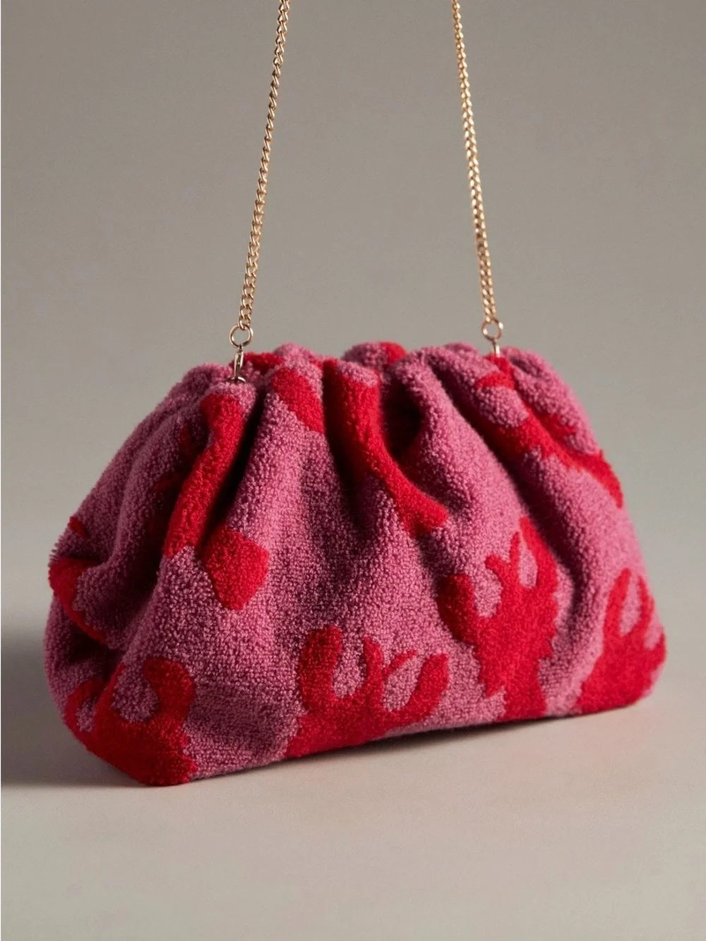 Anthropologie Pink and Red Textured Gathered Clutch with Gold Chain